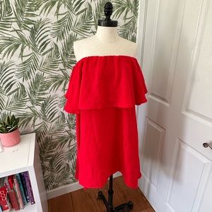 Red off the shoulder dress slightly high low